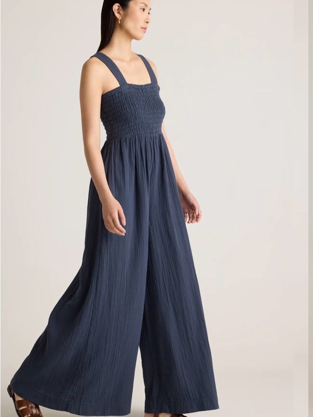 Quince Womens 100% Gauze Cotton Navy Smocked Wide-Leg Jumpsuit M